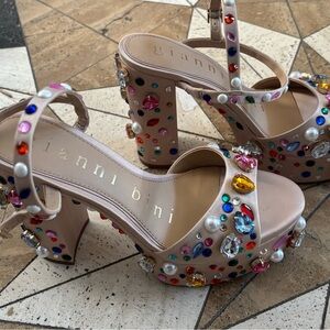 Gianni Bini Jewel-Studded Platform Heels - Beige